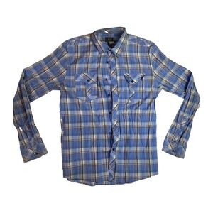 Agile Couture Button Down Shirt Mens L Blue Plaid Long Sleeve Pockets Collared